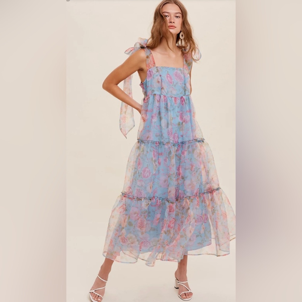 Blue Floral Tiered Maxi Dress with Tie Straps